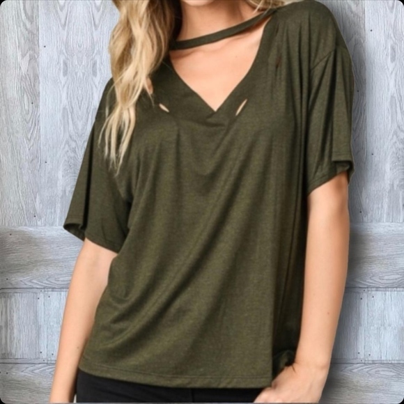 Olive Distressed Short Sleeve Tshirt - Picture 1 of 7